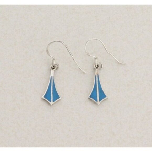 Sterling Silver Inlay Turquoise Earrings Dangle Drop 1 1/4" x 1/4" - Picture 1 of 8